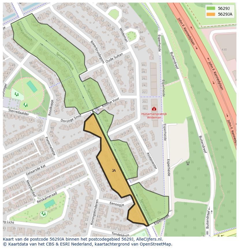 Afbeelding van het postcodegebied 5629 JA op de kaart.