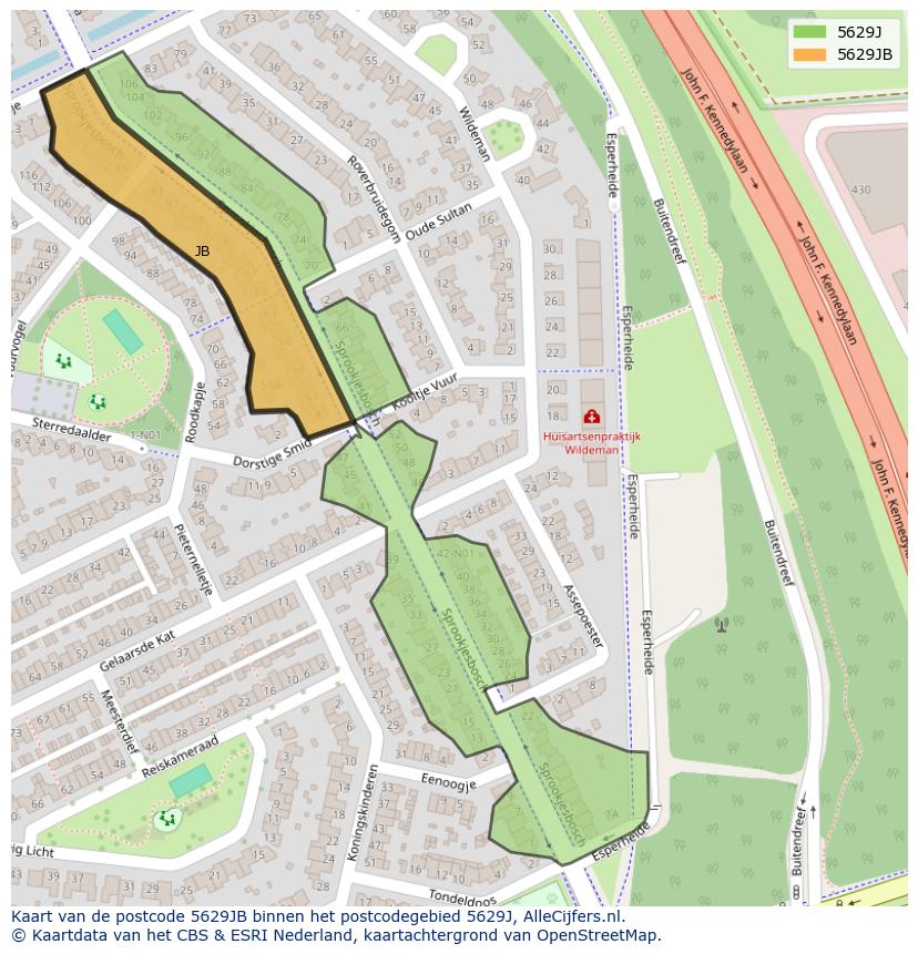 Afbeelding van het postcodegebied 5629 JB op de kaart.