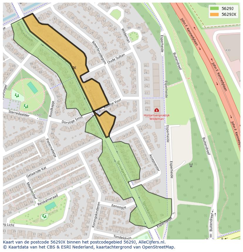 Afbeelding van het postcodegebied 5629 JX op de kaart.