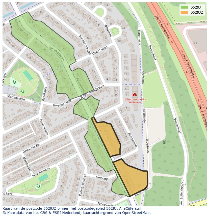 Afbeelding van het postcodegebied 5629 JZ op de kaart.