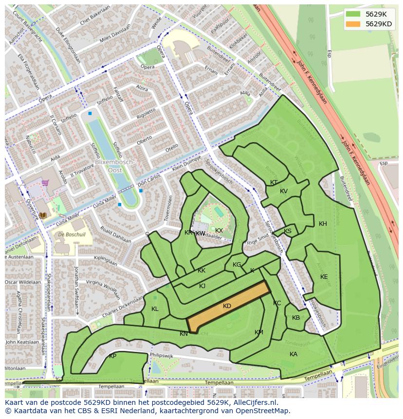 Afbeelding van het postcodegebied 5629 KD op de kaart.