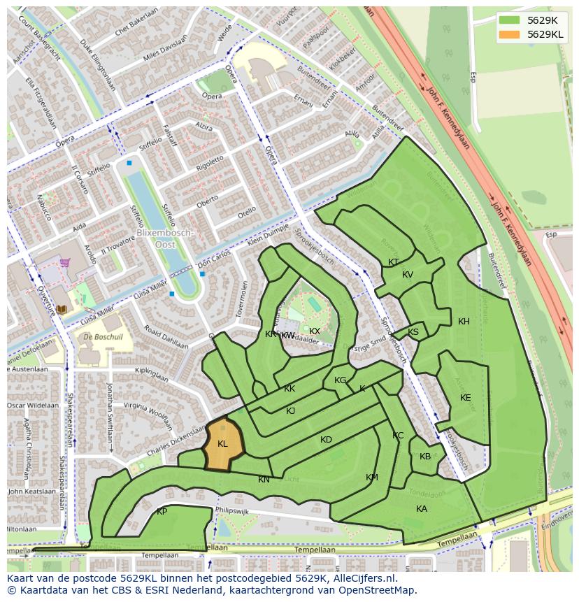Afbeelding van het postcodegebied 5629 KL op de kaart.