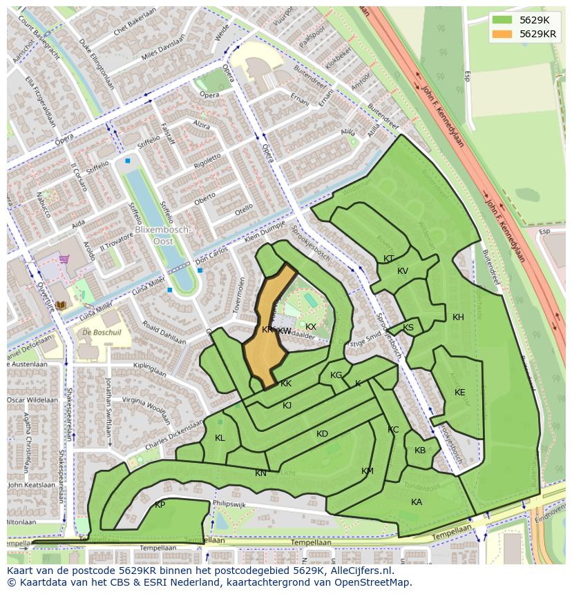 Afbeelding van het postcodegebied 5629 KR op de kaart.