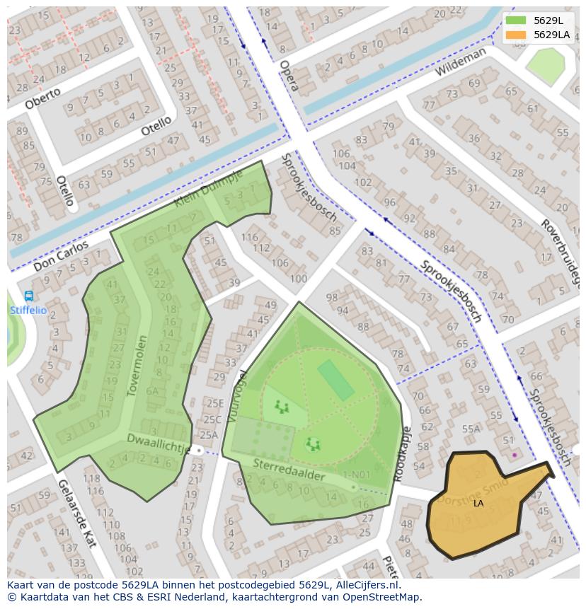 Afbeelding van het postcodegebied 5629 LA op de kaart.