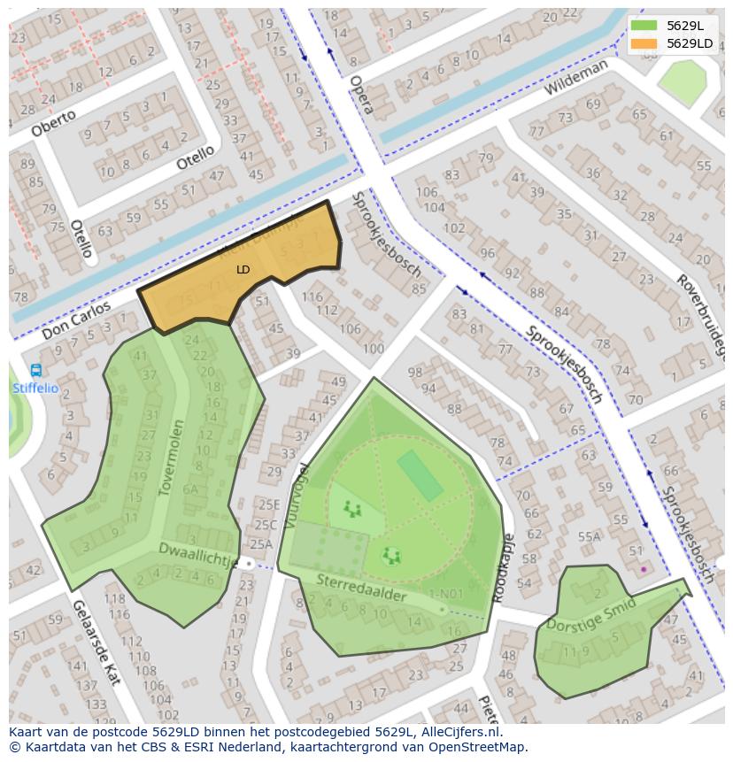 Afbeelding van het postcodegebied 5629 LD op de kaart.