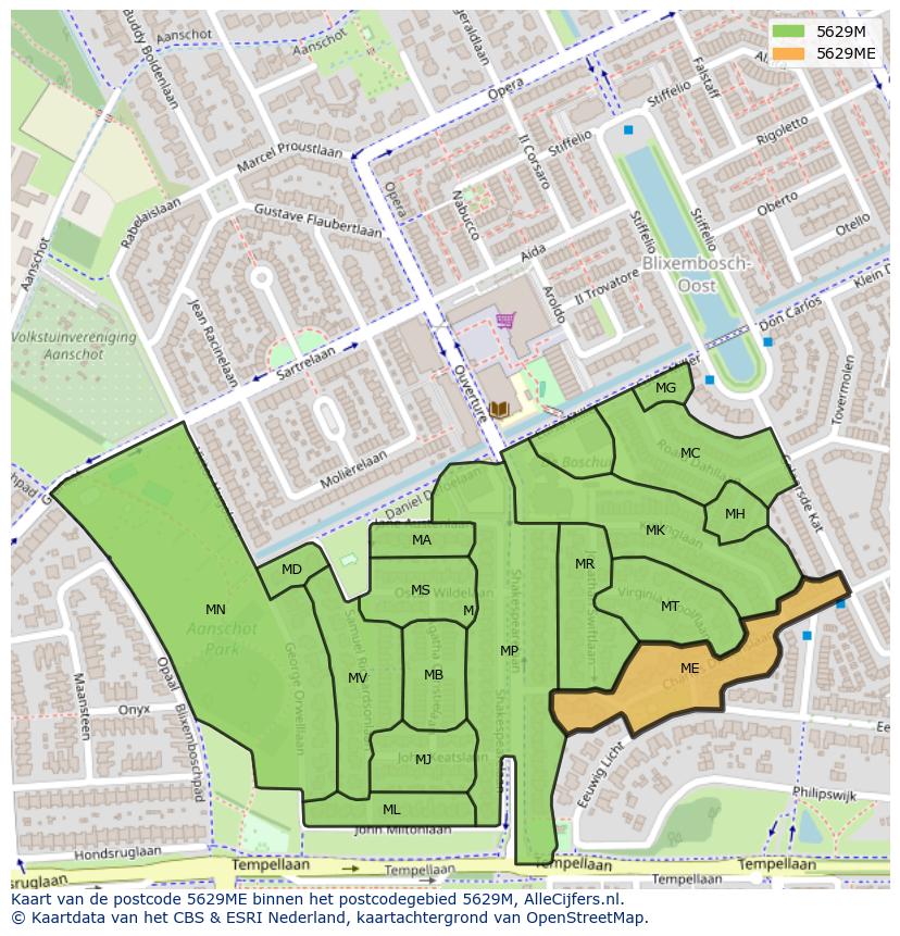 Afbeelding van het postcodegebied 5629 ME op de kaart.