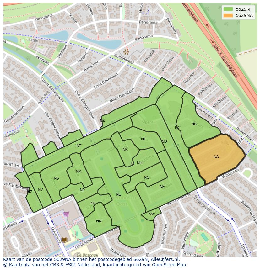 Afbeelding van het postcodegebied 5629 NA op de kaart.