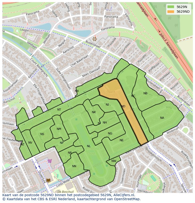 Afbeelding van het postcodegebied 5629 ND op de kaart.