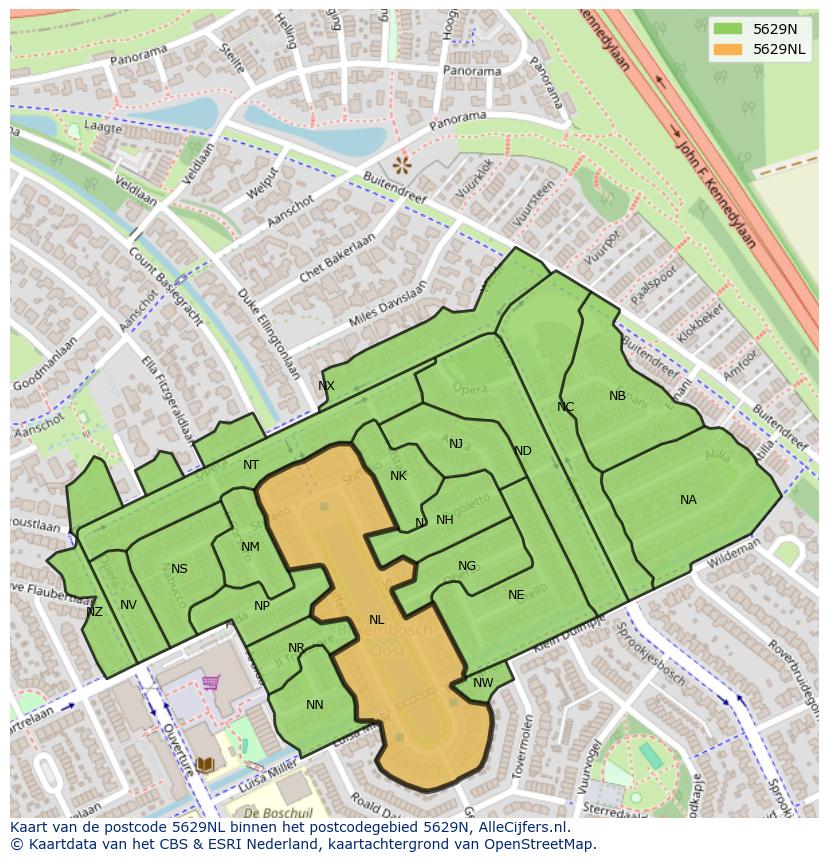 Afbeelding van het postcodegebied 5629 NL op de kaart.