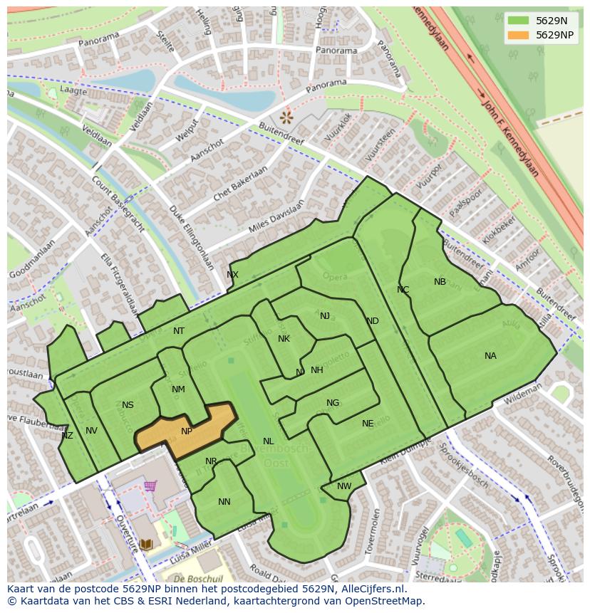 Afbeelding van het postcodegebied 5629 NP op de kaart.