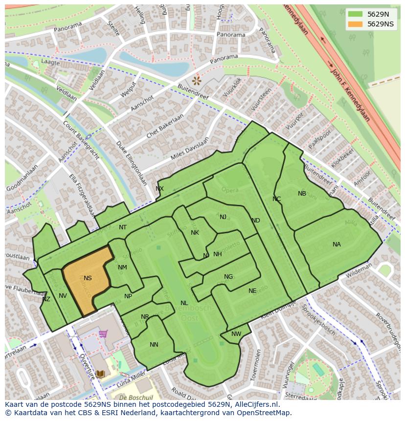 Afbeelding van het postcodegebied 5629 NS op de kaart.