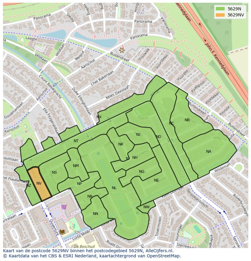 Afbeelding van het postcodegebied 5629 NV op de kaart.