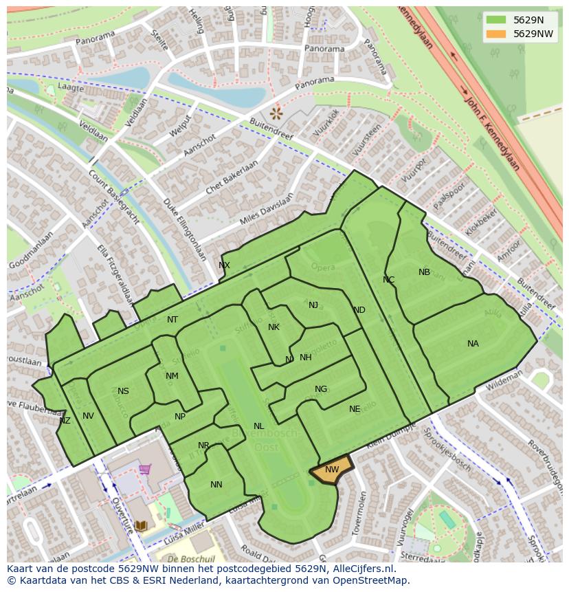 Afbeelding van het postcodegebied 5629 NW op de kaart.