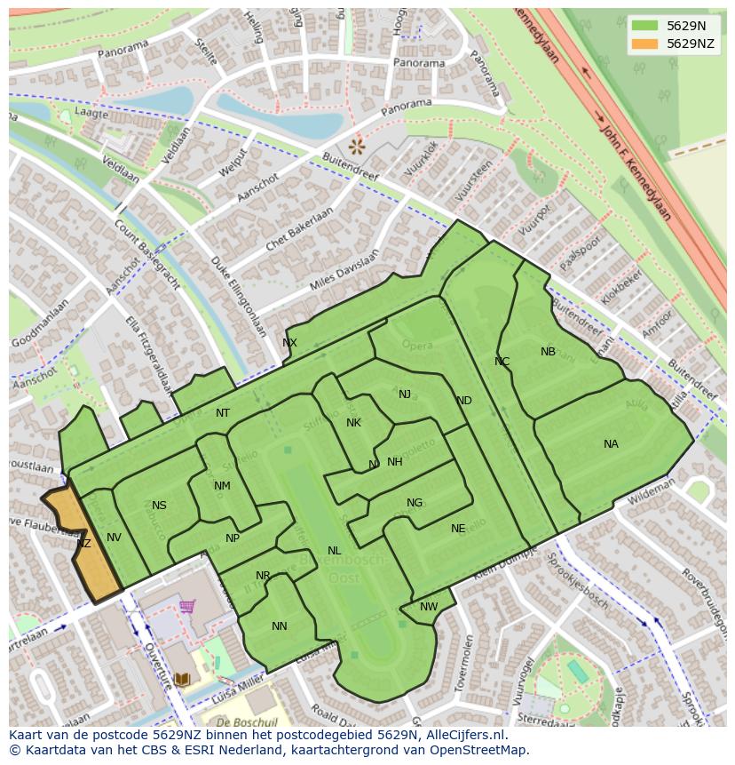 Afbeelding van het postcodegebied 5629 NZ op de kaart.