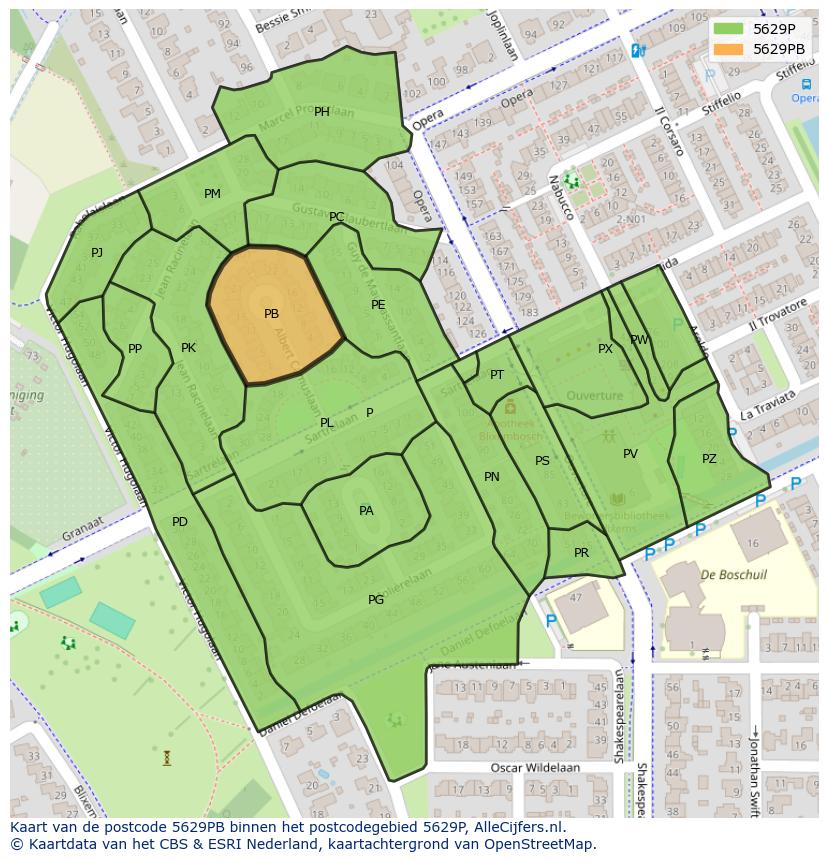 Afbeelding van het postcodegebied 5629 PB op de kaart.