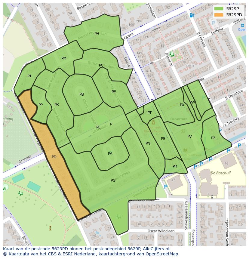 Afbeelding van het postcodegebied 5629 PD op de kaart.