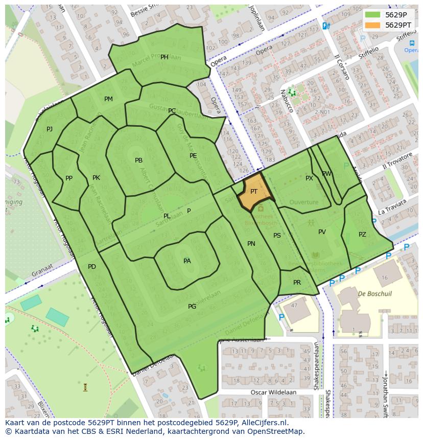 Afbeelding van het postcodegebied 5629 PT op de kaart.