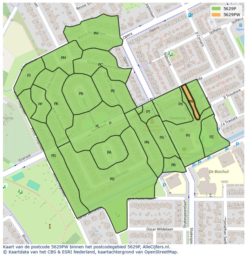 Afbeelding van het postcodegebied 5629 PW op de kaart.