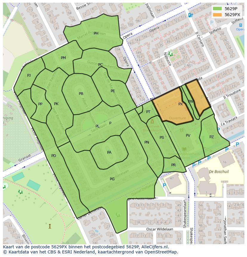 Afbeelding van het postcodegebied 5629 PX op de kaart.