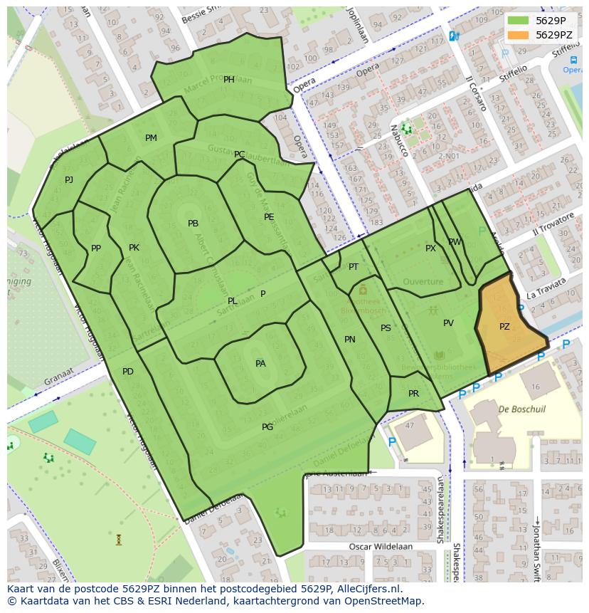 Afbeelding van het postcodegebied 5629 PZ op de kaart.