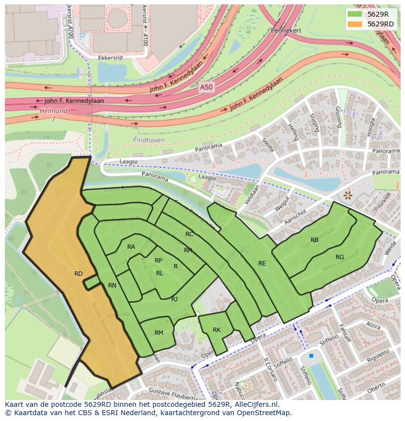 Afbeelding van het postcodegebied 5629 RD op de kaart.