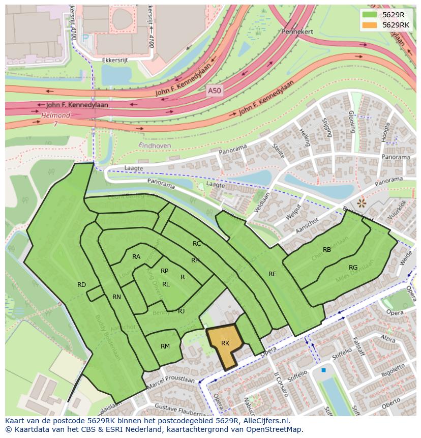 Afbeelding van het postcodegebied 5629 RK op de kaart.