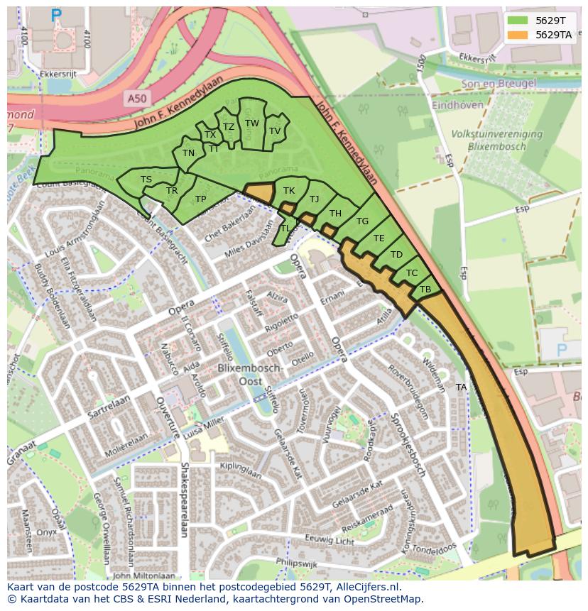 Afbeelding van het postcodegebied 5629 TA op de kaart.