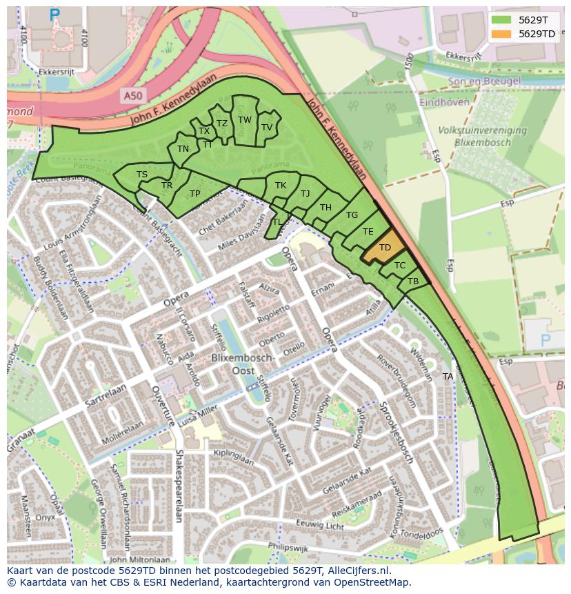 Afbeelding van het postcodegebied 5629 TD op de kaart.