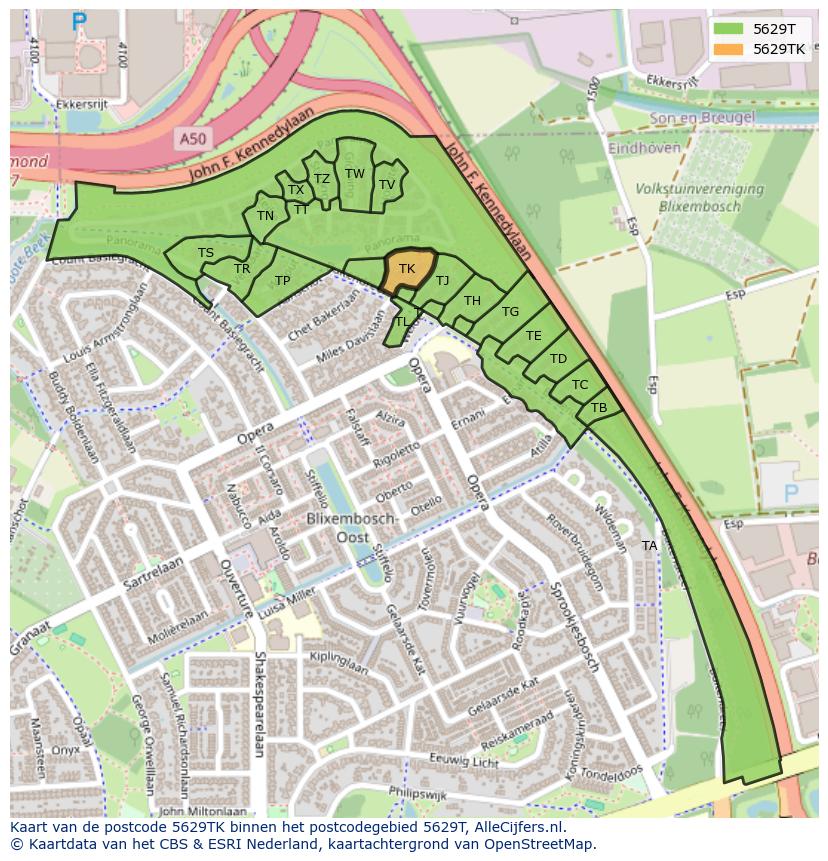 Afbeelding van het postcodegebied 5629 TK op de kaart.