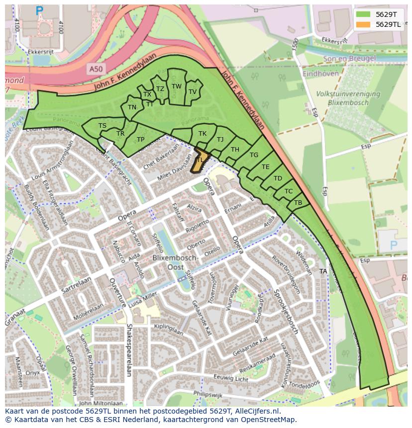 Afbeelding van het postcodegebied 5629 TL op de kaart.