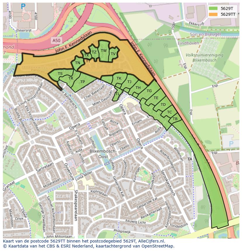 Afbeelding van het postcodegebied 5629 TT op de kaart.