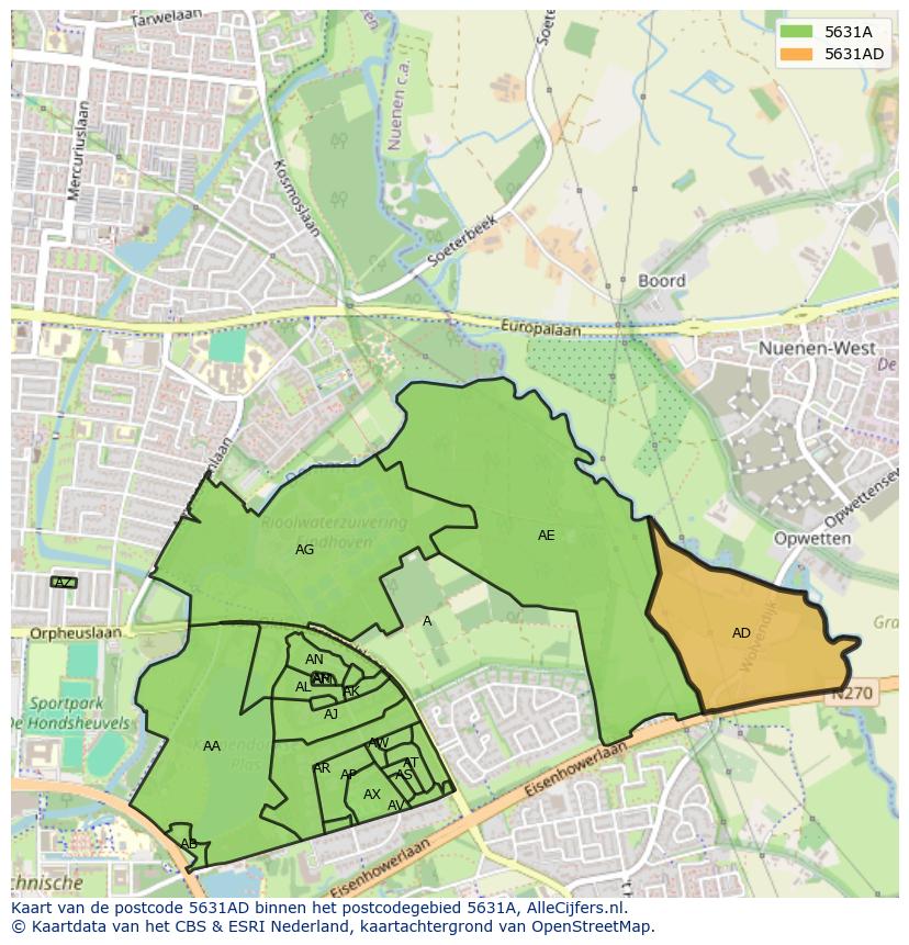 Afbeelding van het postcodegebied 5631 AD op de kaart.