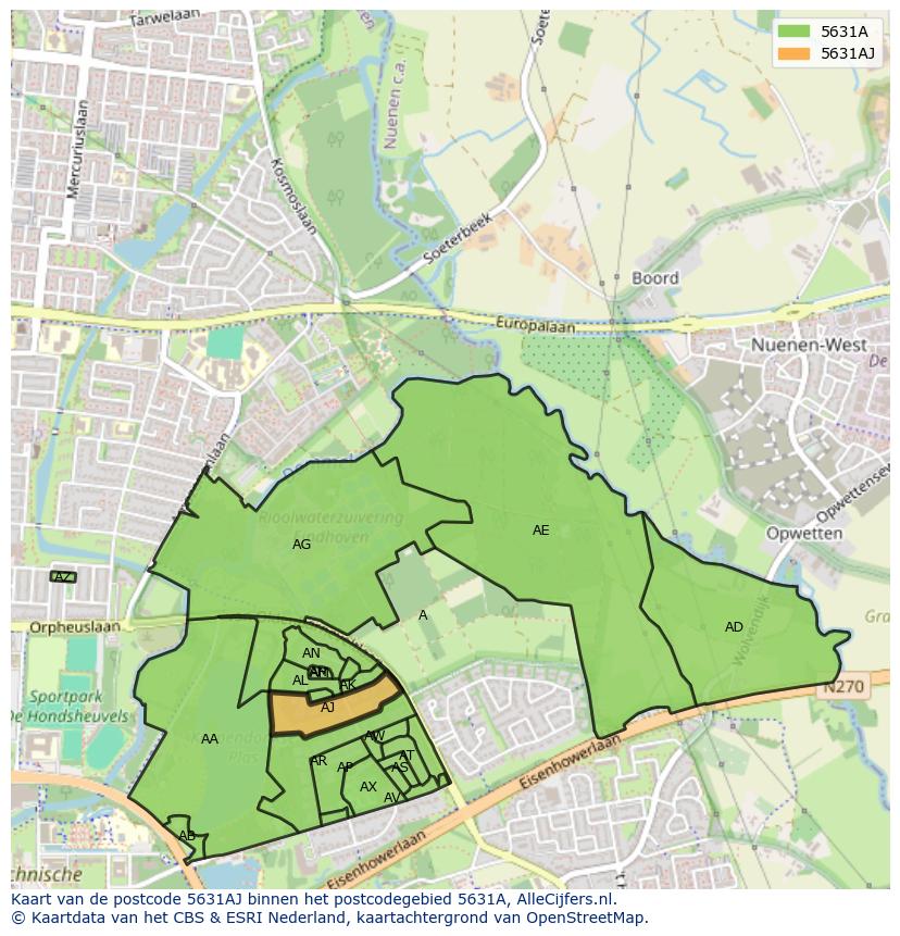 Afbeelding van het postcodegebied 5631 AJ op de kaart.