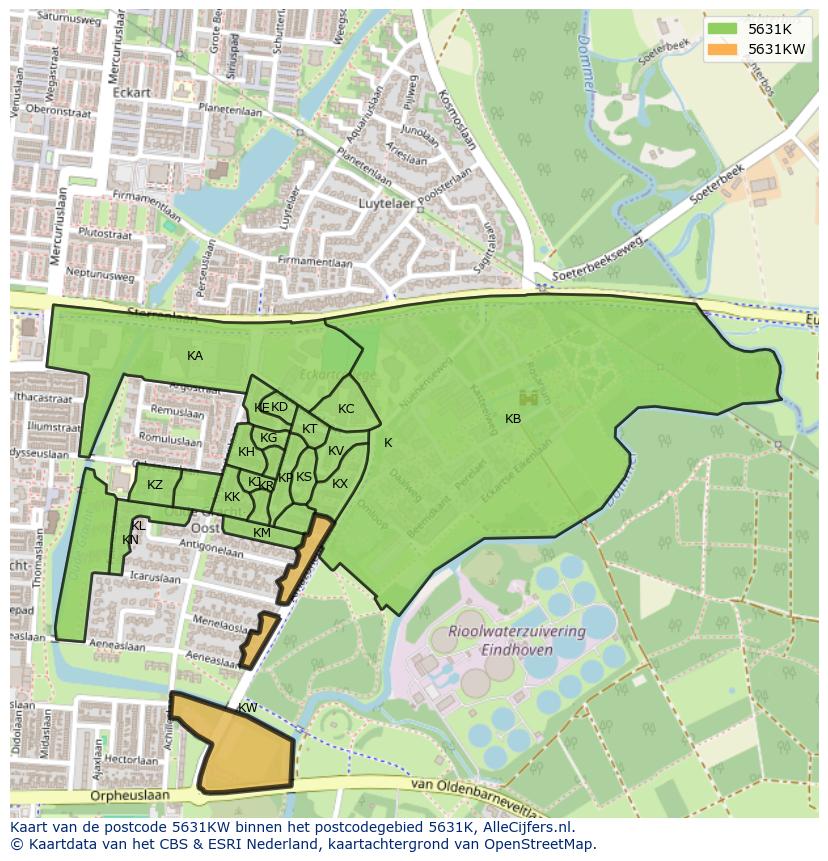 Afbeelding van het postcodegebied 5631 KW op de kaart.
