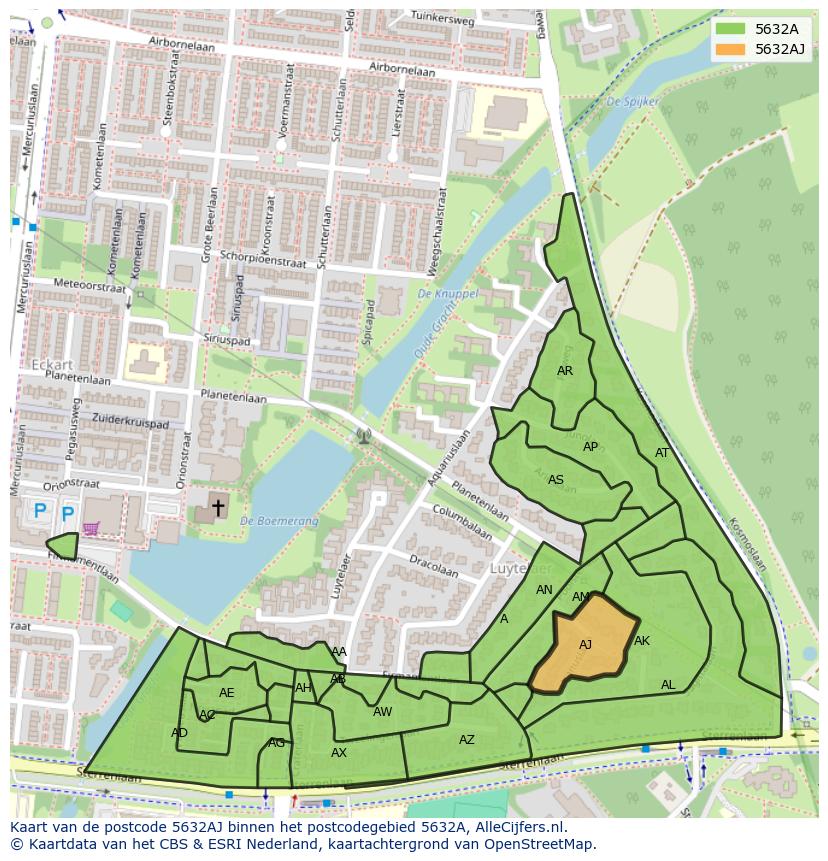 Afbeelding van het postcodegebied 5632 AJ op de kaart.