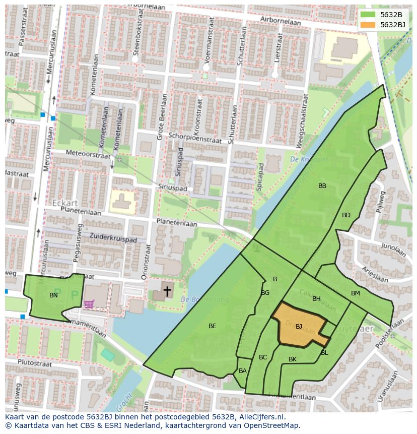 Afbeelding van het postcodegebied 5632 BJ op de kaart.