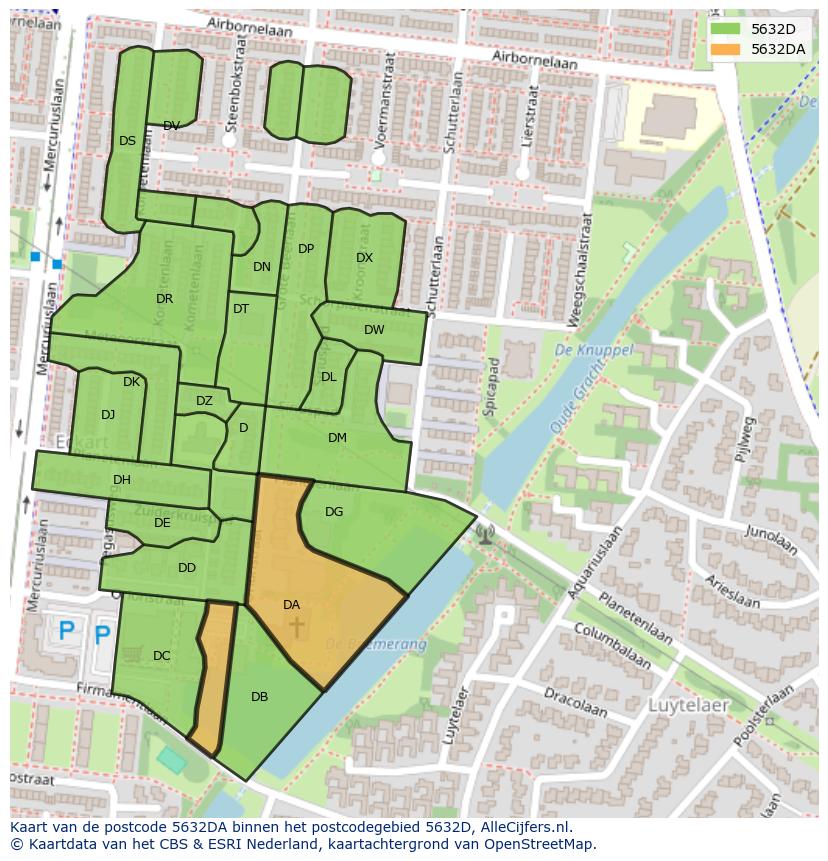 Afbeelding van het postcodegebied 5632 DA op de kaart.