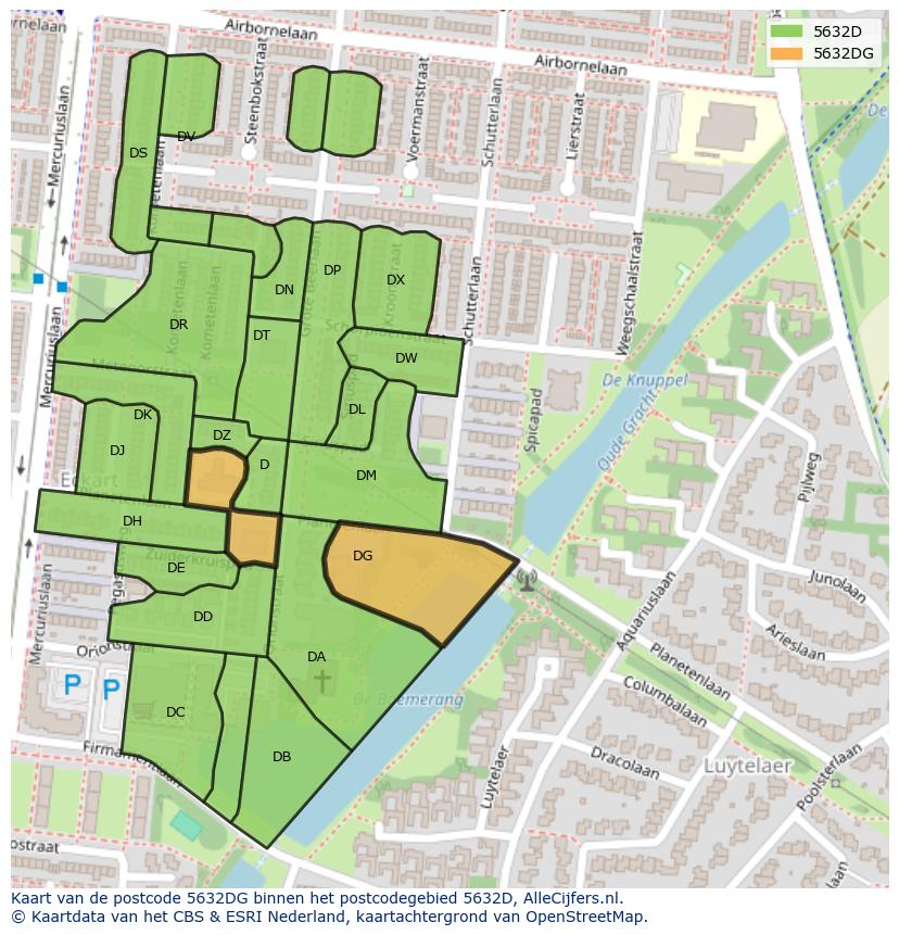 Afbeelding van het postcodegebied 5632 DG op de kaart.