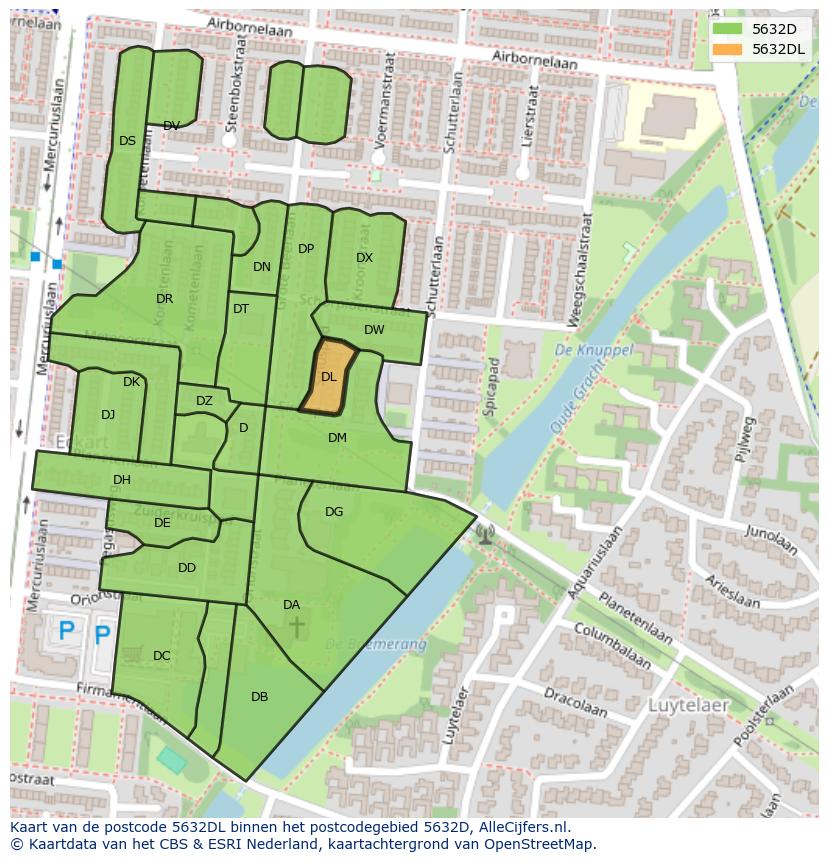 Afbeelding van het postcodegebied 5632 DL op de kaart.