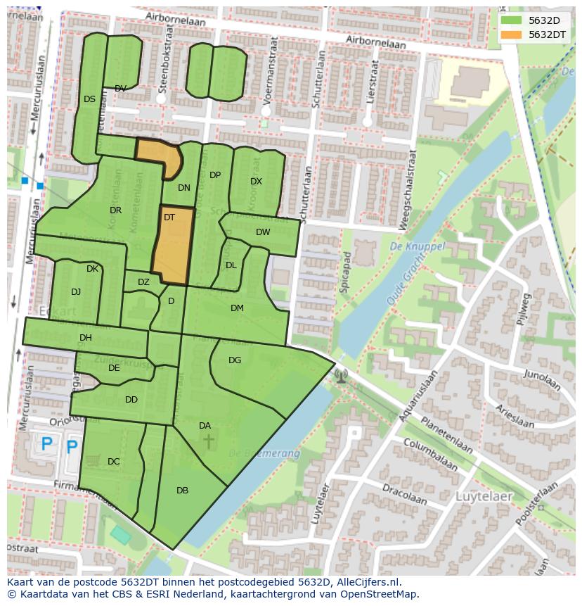 Afbeelding van het postcodegebied 5632 DT op de kaart.