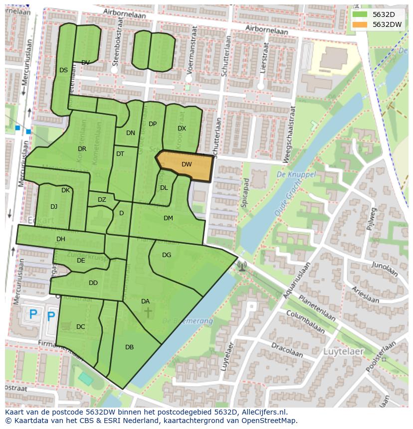 Afbeelding van het postcodegebied 5632 DW op de kaart.