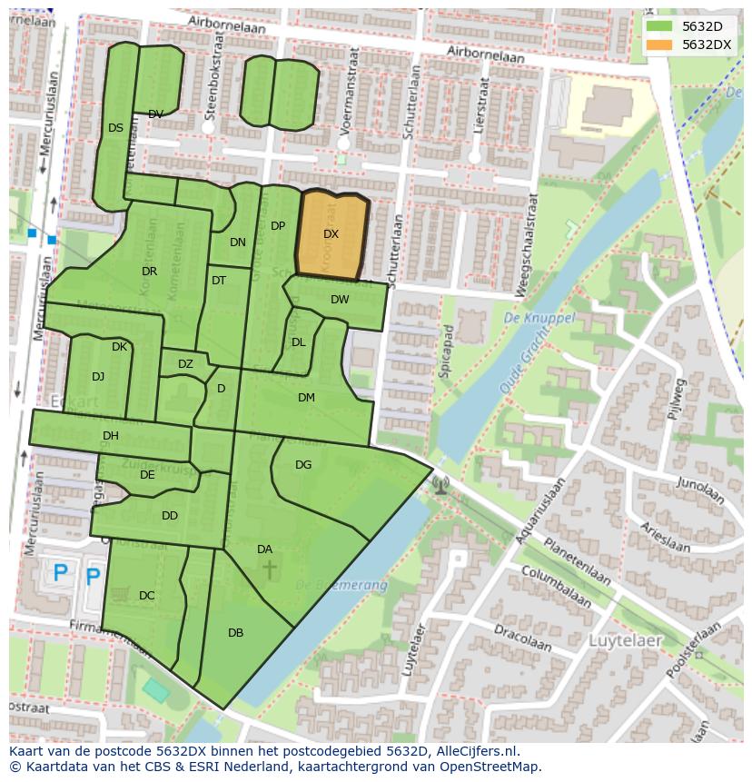 Afbeelding van het postcodegebied 5632 DX op de kaart.
