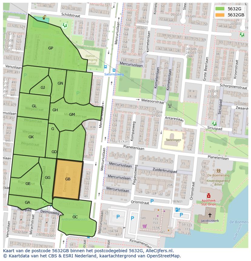 Afbeelding van het postcodegebied 5632 GB op de kaart.