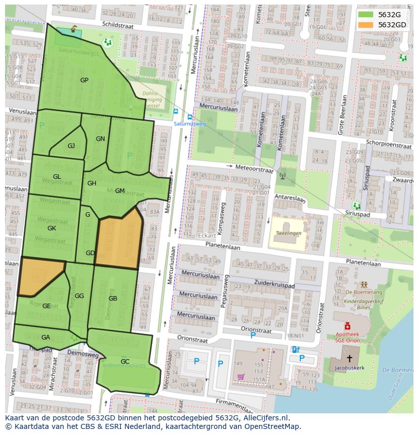 Afbeelding van het postcodegebied 5632 GD op de kaart.