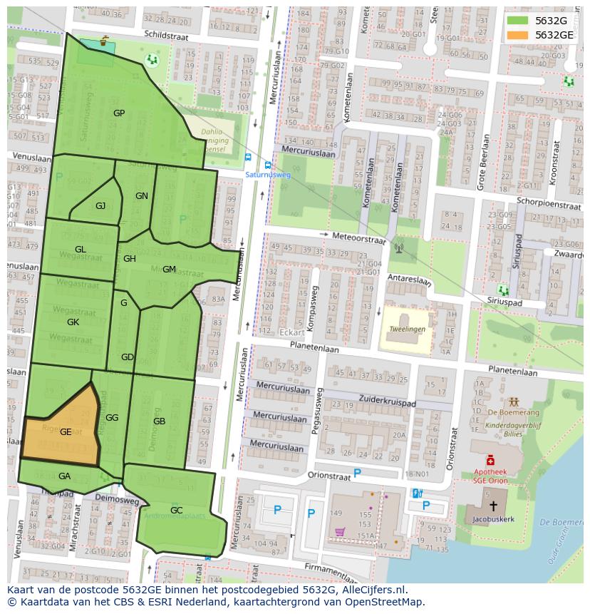 Afbeelding van het postcodegebied 5632 GE op de kaart.