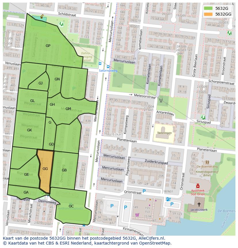 Afbeelding van het postcodegebied 5632 GG op de kaart.