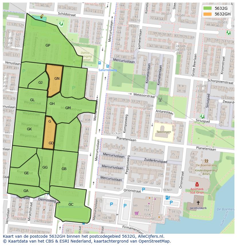 Afbeelding van het postcodegebied 5632 GH op de kaart.