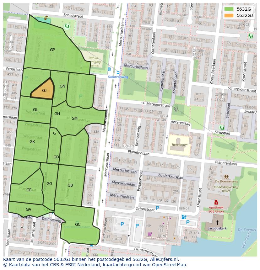 Afbeelding van het postcodegebied 5632 GJ op de kaart.