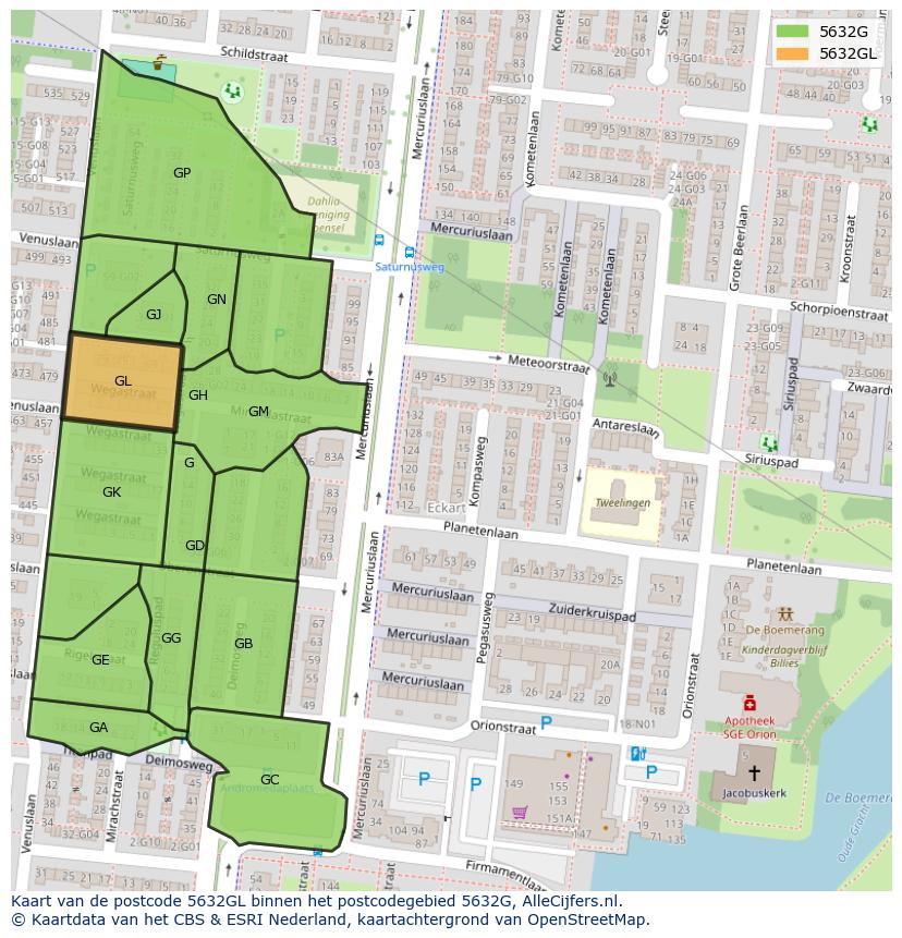 Afbeelding van het postcodegebied 5632 GL op de kaart.
