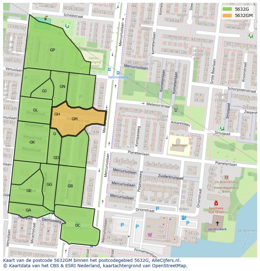Afbeelding van het postcodegebied 5632 GM op de kaart.